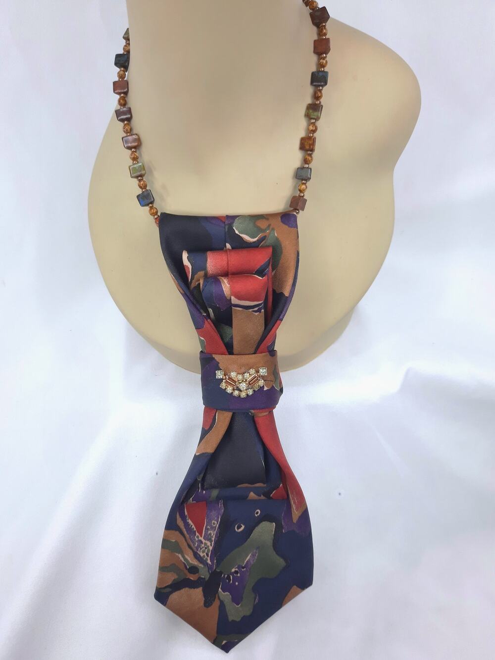 Artisan Vintage Silk Tie Pendant Gemstone Beaded Necklace Jewel Tone Jeweled NEW